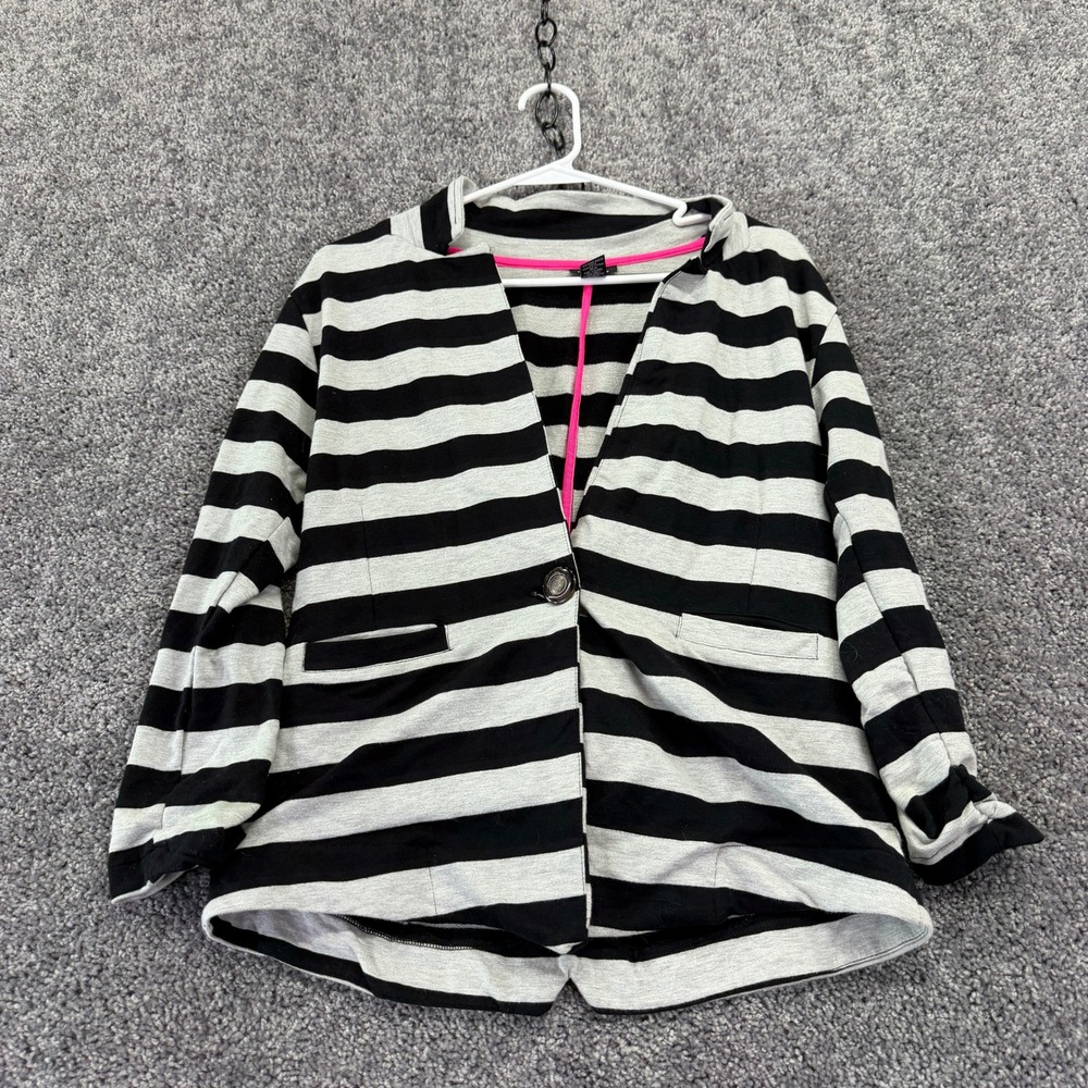 rue21 Blazer Womens Large Black Gray Striped Knit Ruched Sleeve One Button Coat